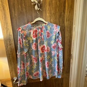 LOFT Floral Ruffle Sleeve Blouse - Blue and Red